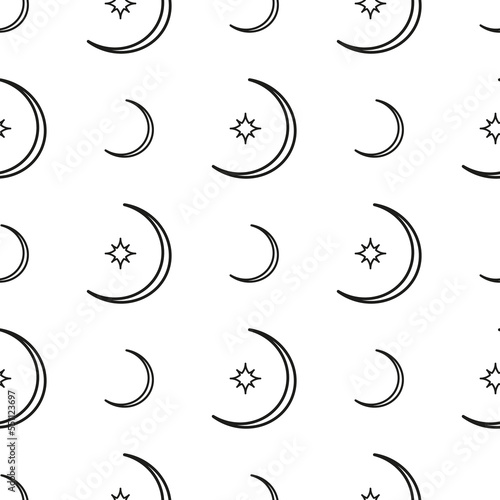 Seamless pattern with crescent moon and stars.