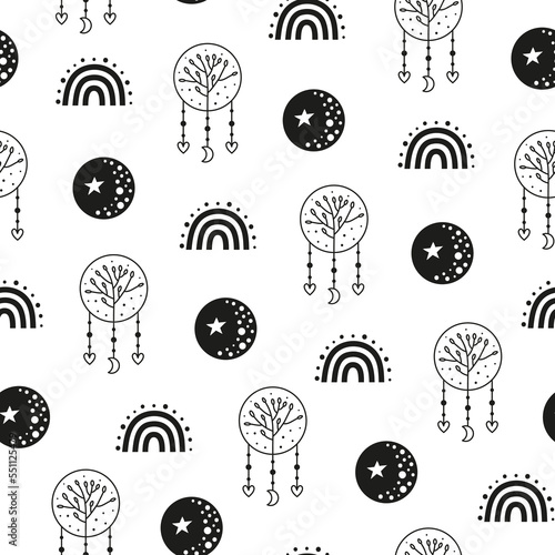 Seamless pattern with dreamcatchers, moon and rainbows.