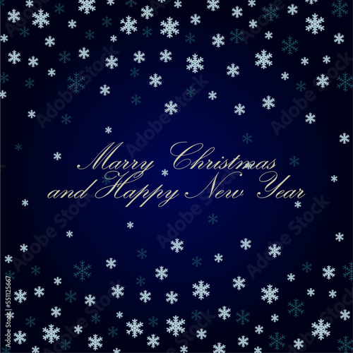 The inscription "Merry Christmas and Happy New Year" on a dark blue background, snowflakes. Design of postcards, advertising