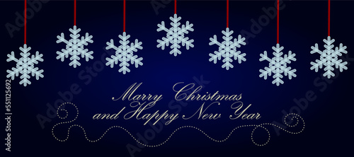 The inscription  Merry Christmas and Happy New Year  on a dark blue background  large snowflakes. Design of postcards  advertising