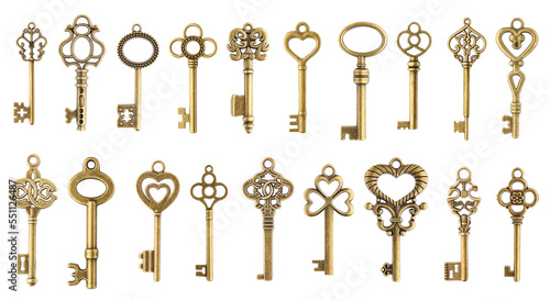 Set of vintage golden skeleton keys isolated