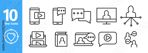 Blogger icons set. Message, blog, live broadcast, communication, work. business, channel, video. Blogger concept. Vector line icon for business