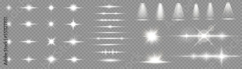 Set of light effects spotlight glowing light isolated on transparent background. light lines. Solar flare with rays and glare. Glow effect. Starburst with shimmering sparkles.