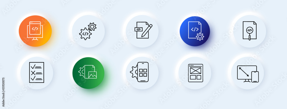Set of business icons. Productivity, six, plan, survey, smartphone, document, file, network, search. Business concept. Neomorphism style. Vector line icon for business