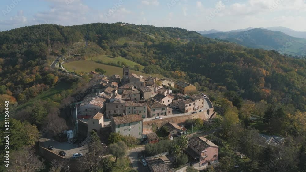 aerial view 4k 24 fps of the medieval village of Montefabbri in the province of Pesaro Urbino Marche region Italy aerial view 4k 24 fps of the medieval village of Montefabbri in the province of Pesaro Urbino Marche region Italy