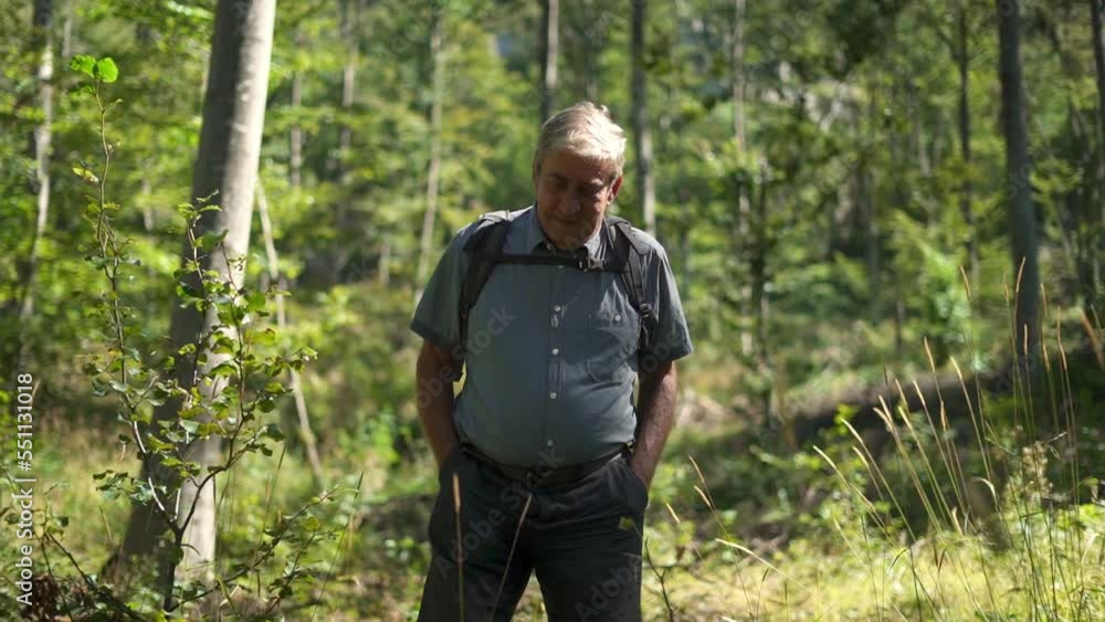Senior man with backpack walking and looking around in the forest on summer day. Active lifestyle. Senior man with backpack walking and looking around in the forest on summer day. Active lifestyle.