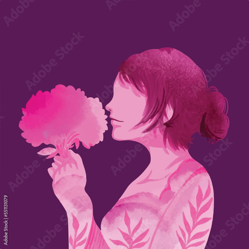 Young women with beautiful dress is sniffing a bouquet of flowers from side view. Pink colored monochrome silhouette drawing with brush strokes grunge textured illustration. Isolated artwork.