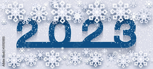 2023 poster, numbers Happy New Year.  Holiday, White layered paper cut asian style snowflakes, flowers elements on blue background. Mobile phone screen saver design. Chinas art, template, mobile app
