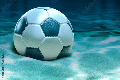 Soccer ball on ocean bottom underwater  3D rendering