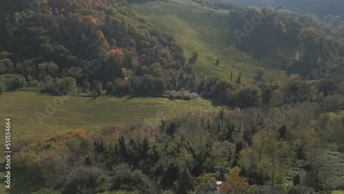 aerial view 4k 24 fps of the medieval village of Montefabbriin the province of pesaro urbino marche region italy