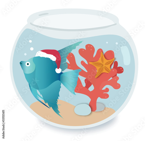 Christmas fish bowl aquarium, isolated hand drawn vector illustration.