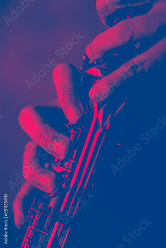 Photography the hands of a musician on the clarinet - an ancient musical wooden instrument popular in classical brass marching jazz folk music, loved by children and adults, amateurs, professionals