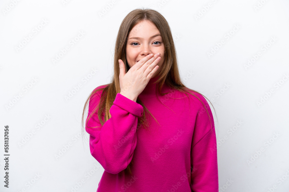 Young caucasian woman isolated on white background happy and smiling covering mouth with hand Young caucasian woman isolated on white background happy and smiling covering mouth with hand