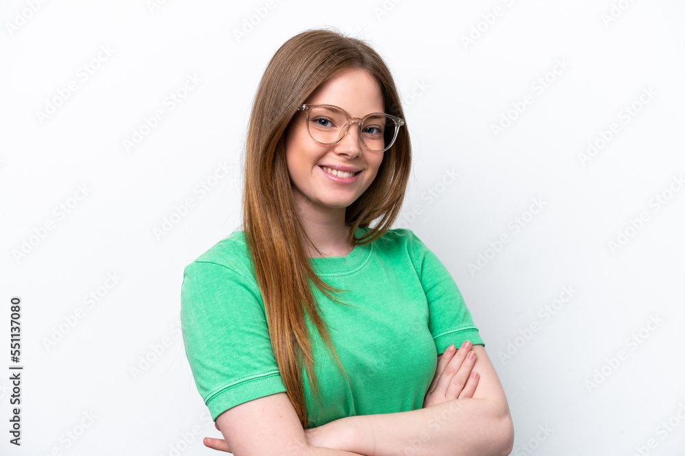 Young caucasian woman isolated on white background With glasses with happy expression Young caucasian woman isolated on white background With glasses with happy expression