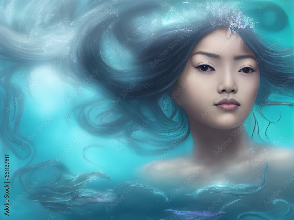 Portrait of the Goddess of the Ocean Underwater (Asian-Pacific Islander ethnicity). Fae, mermaid, genie, water spirit. Digital artwork. Portrait of the Goddess of the Ocean Underwater (Asian-Pacific Islander ethnicity). Fae, mermaid, genie, water spirit. Digital artwork.
