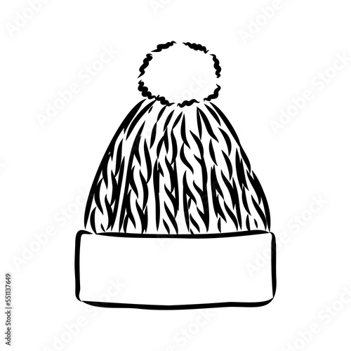 Doodle autumn knitted hat with pompoun, hand drawn warm clothes for winter cold weather, seasonal accesories.Sketch,freehand minimalistic design, child drawing.Isolated.Vector illustration