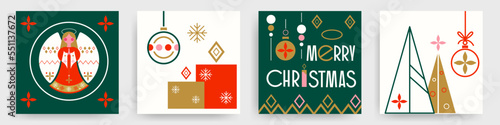 Merry Christmas modern geometric card with angel, candle, balls, tree. Xmas lettering.