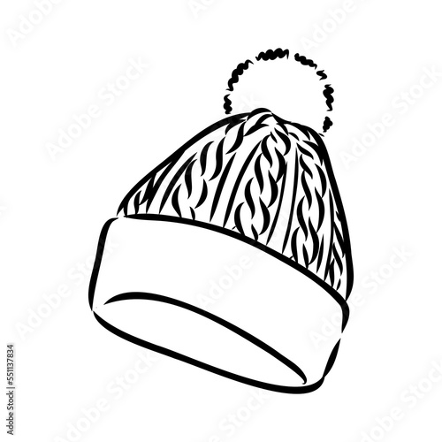 Doodle autumn knitted hat with pompoun, hand drawn warm clothes for winter cold weather, seasonal accesories.Sketch,freehand minimalistic design, child drawing.Isolated.Vector illustration