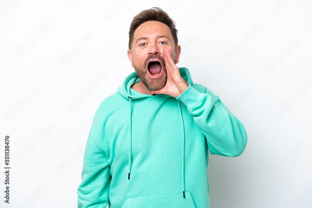 Middle age caucasian man isolated on white background with surprise and shocked facial expression Middle age caucasian man isolated on white background with surprise and shocked facial expression