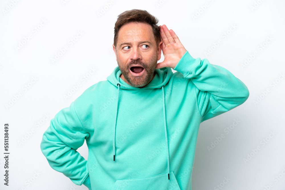 Middle age caucasian man isolated on white background listening to something by putting hand on the ear Middle age caucasian man isolated on white background listening to something by putting hand on the ear