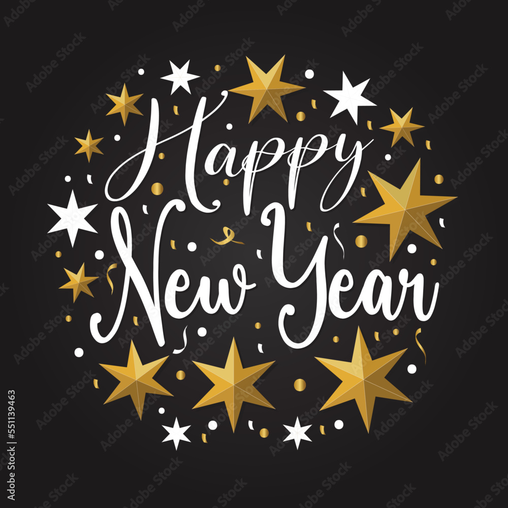 Happy new year with festive. Lettering Composition With Stars And Sparkles. Vector Illustration. background. holyday decorative elements. congratulation Happy new year with festive. Lettering Composition With Stars And Sparkles. Vector Illustration. background. holyday decorative elements. congratulation