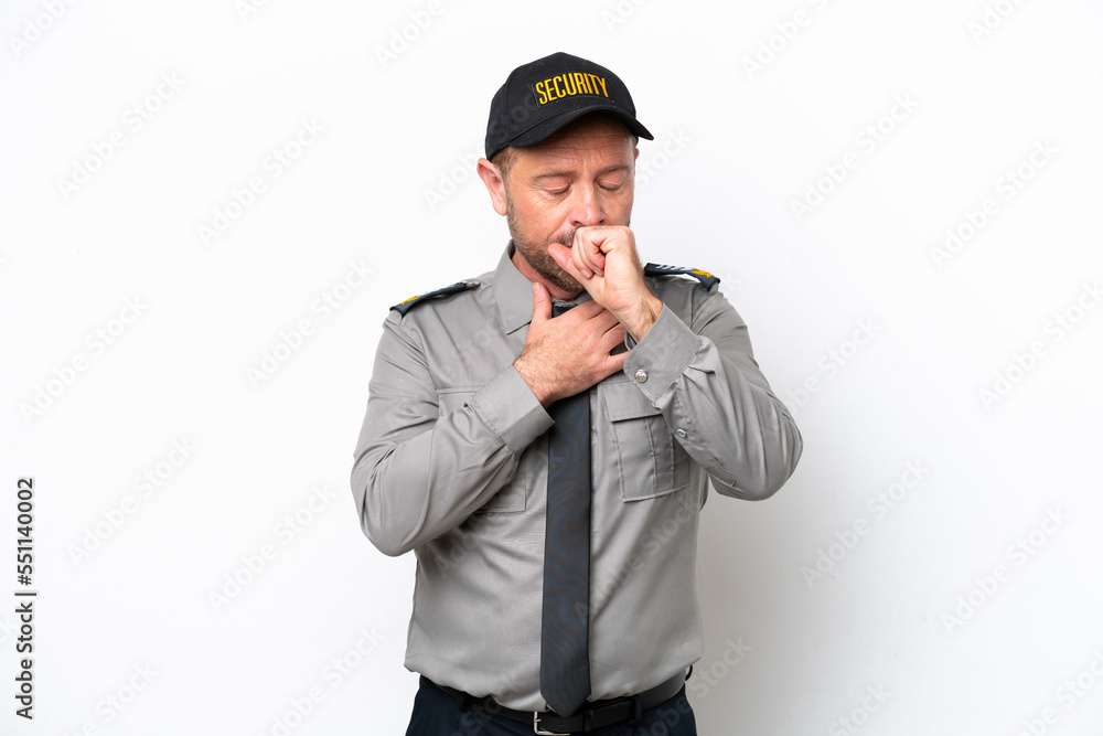 Middle age security man isolated on white background is suffering with cough and feeling bad Middle age security man isolated on white background is suffering with cough and feeling bad