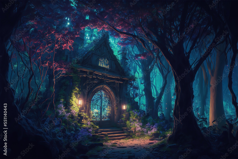 AI generated image of a fantastical illuminated grotto in a mystical forest 