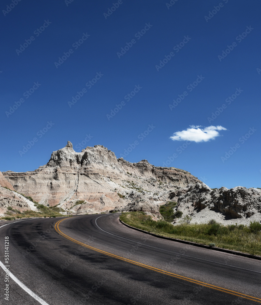 Road leading through the hills of Badlands National Park, South Dakota.