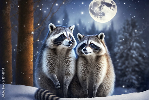 two beautiful racoons playing int he snow, in winter forest, with snow, big moon in the sky background