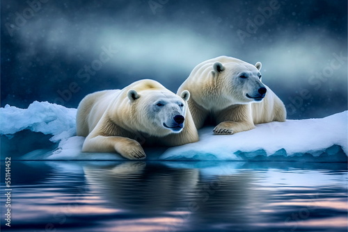 Two Polar bears relaxed on drifting ice with snow