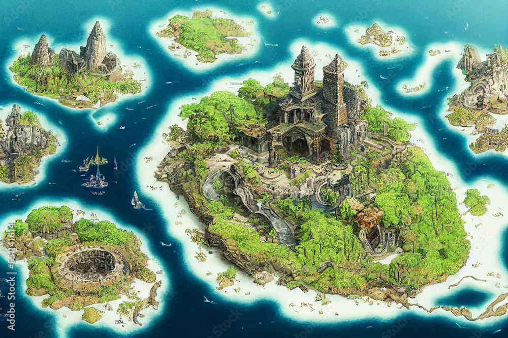 Vintage fantasy map: group of islands with green wilderness and ruins ...
