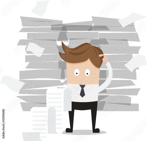 businessman confuse with report and stack work sheet