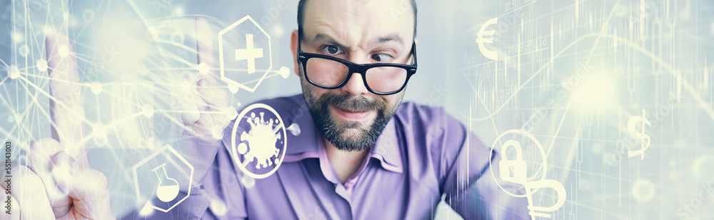 A cross-eyed bearded man is looking into the frame. Eye disease. The concept of an inexperienced specialist. Spy neighbor. A cross-eyed bearded man is looking into the frame. Eye disease. The concept of an inexperienced specialist. Spy neighbor.