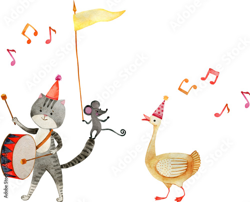 Cute cartoon animal marching band illustration. Watercolor cheerful funny musicians, bear, hare, fox isolated on white. Kids party card, greeting, banner, print, poster