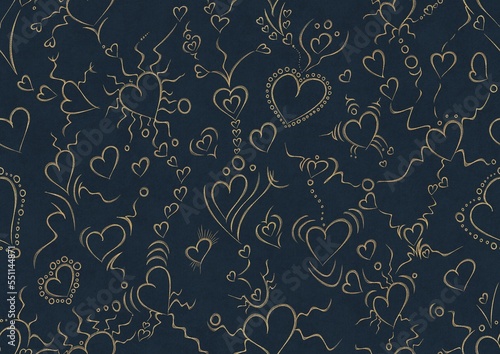 Hand-drawn unique abstract symmetrical seamless gold ornament on a deep blue background. Hearts and ribbons. Paper texture. Digital artwork, A4. (pattern: pv01a)