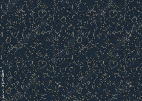 Hand-drawn unique abstract symmetrical seamless gold ornament on a deep blue background. Hearts and ribbons. Paper texture. Digital artwork, A4. (pattern: pv01b)
