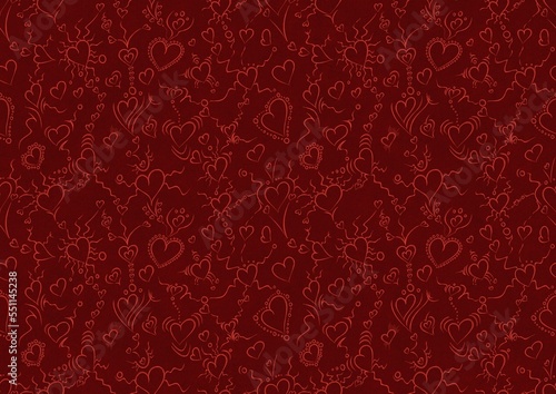 Hand-drawn unique abstract symmetrical seamless ornament. Hearts and ribbons. Bright red on a deep red background. Paper texture. Digital artwork, A4. (pattern: pv01b)