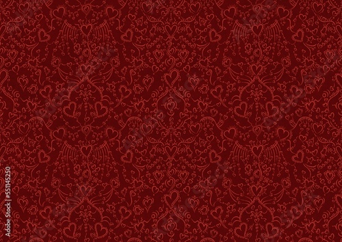 Hand-drawn unique abstract symmetrical seamless ornament. Hearts and ribbons. Bright red on a deep red background. Paper texture. Digital artwork, A4. (pattern: pv02b)