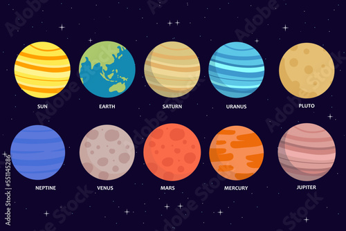All the planet of the solar system on night sky background, vector illustration