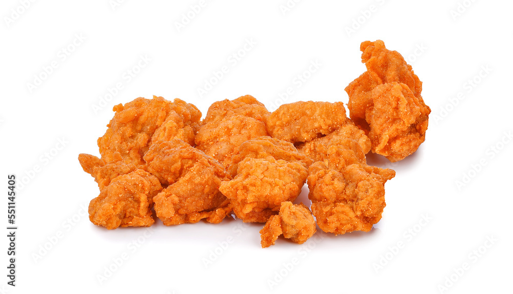 Fried spicy popcorn chicken isolated on white background Fried spicy popcorn chicken isolated on white background