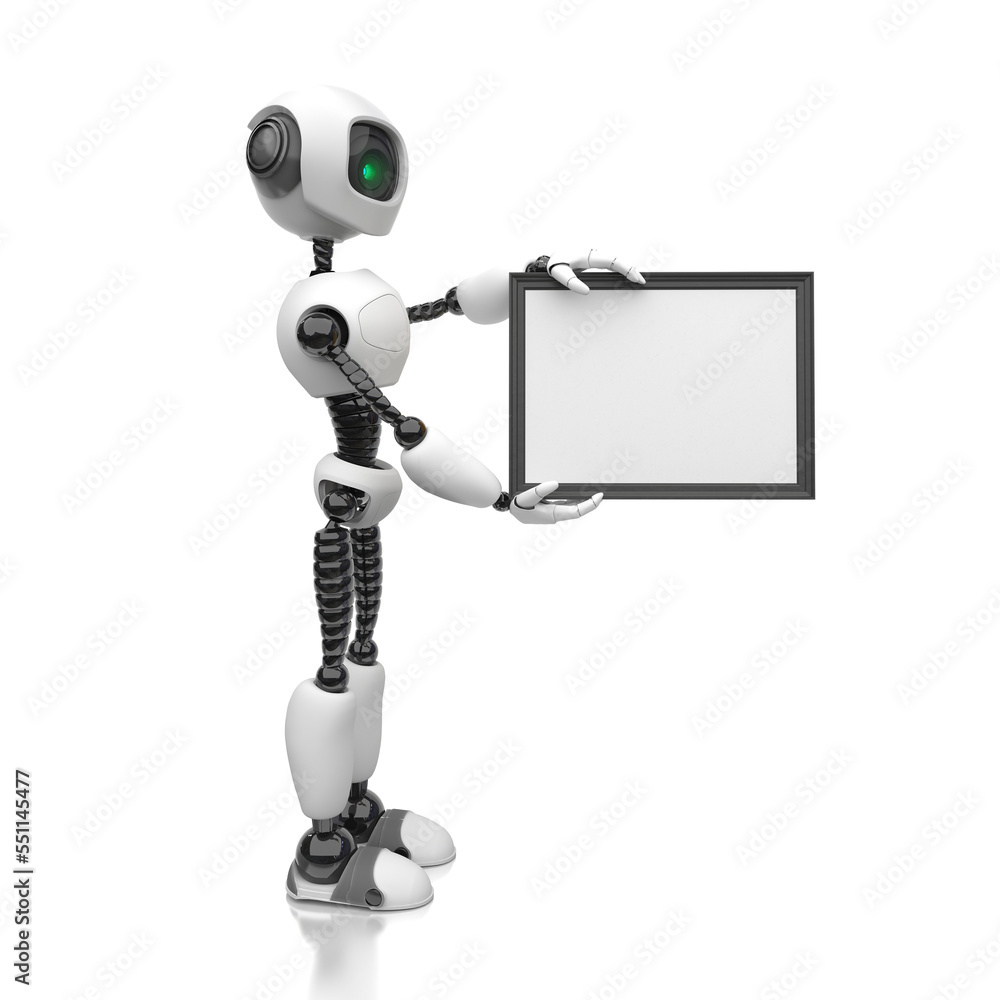 A humanoid robot holds a blank white sheet in a black frame on a white background. Future concept with smart robotics and artificial intelligence. 3D illustration with copy space. A humanoid robot holds a blank white sheet in a black frame on a white background. Future concept with smart robotics and artificial intelligence. 3D illustration with copy space.