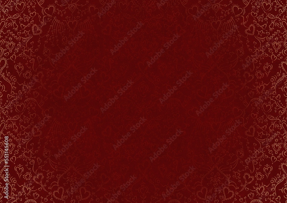 Hand-drawn ornament. Hearts and ribbons. Light red on a deep red background, with vignette of same pattern in golden glitter. Paper texture. Digital artwork, A4. (pattern: pv02b)