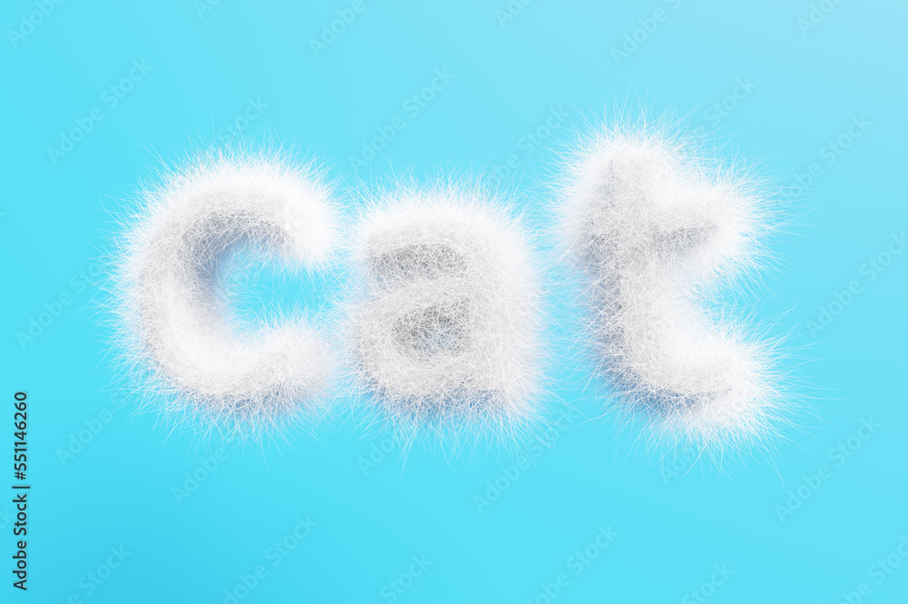 Fototapeta premium 3D render. Lettering cat from white wool on a blue background.
