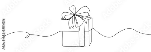 Gift box one line drawing. Continuous one line gift box.Presents with ribbon bow.Hand drawn greeting present box.Line art christmas surprise.
