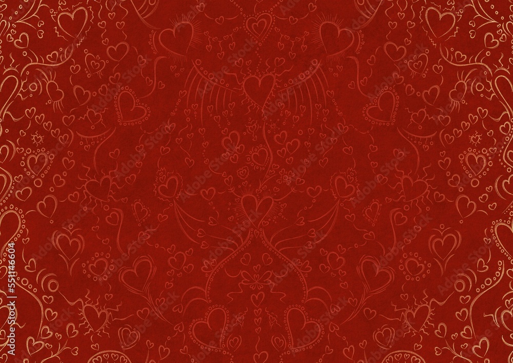 Hand-drawn unique abstract ornament. Light red on a bright red background, with vignette of same pattern in golden glitter. Hearts and ribbons. Paper texture. Digital artwork, A4. (pattern: pv02a) Hand-drawn unique abstract ornament. Light red on a bright red background, with vignette of same pattern in golden glitter. Hearts and ribbons. Paper texture. Digital artwork, A4. (pattern: pv02a)