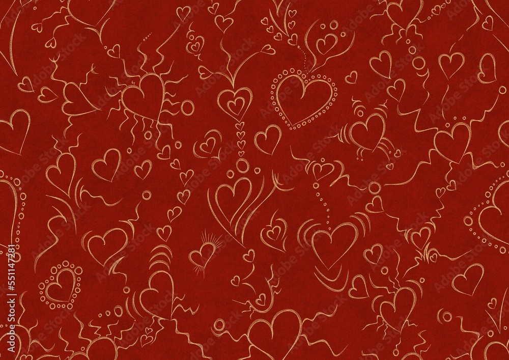 Hand-drawn unique abstract symmetrical seamless gold ornament on a bright red background. Hearts and ribbons. Paper texture. Digital artwork, A4. (pattern: pv01a) Hand-drawn unique abstract symmetrical seamless gold ornament on a bright red background. Hearts and ribbons. Paper texture. Digital artwork, A4. (pattern: pv01a)