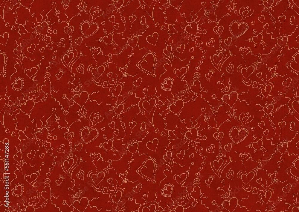 Hand-drawn unique abstract symmetrical seamless gold ornament on a bright red background. Hearts and ribbons. Paper texture. Digital artwork, A4. (pattern: pv01b) Hand-drawn unique abstract symmetrical seamless gold ornament on a bright red background. Hearts and ribbons. Paper texture. Digital artwork, A4. (pattern: pv01b)