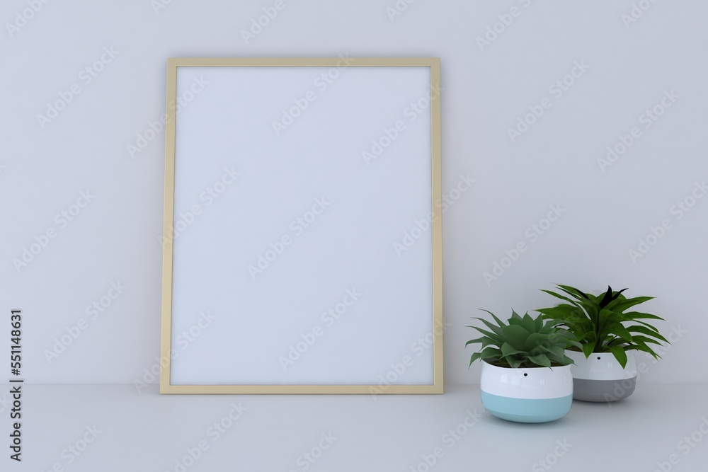 Interior golden frame mockup with decor plant 3d rendering Interior golden frame mockup with decor plant 3d rendering