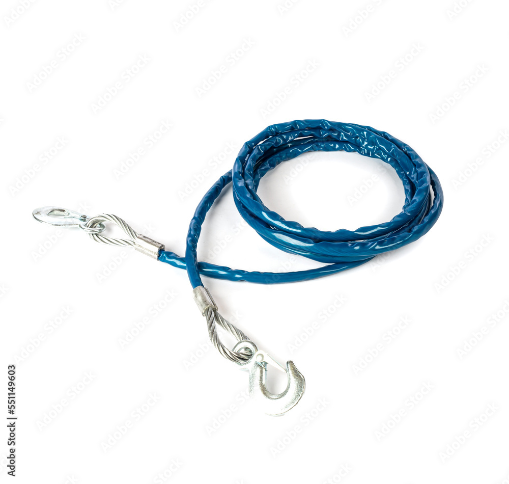 metal car tow rope in blue isolation with metal hooks for car transportation isolated on white background metal car tow rope in blue isolation with metal hooks for car transportation isolated on white background