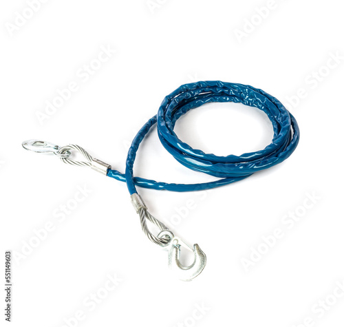 metal car tow rope in blue isolation with metal hooks for car transportation isolated on white background
